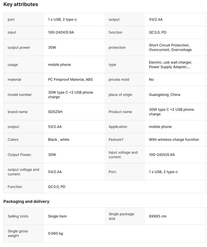 PD 30W USB Chargers Type C Fast Charge Charger for Samsung iphone Mobile Phone Charger Quick Charge3.0.