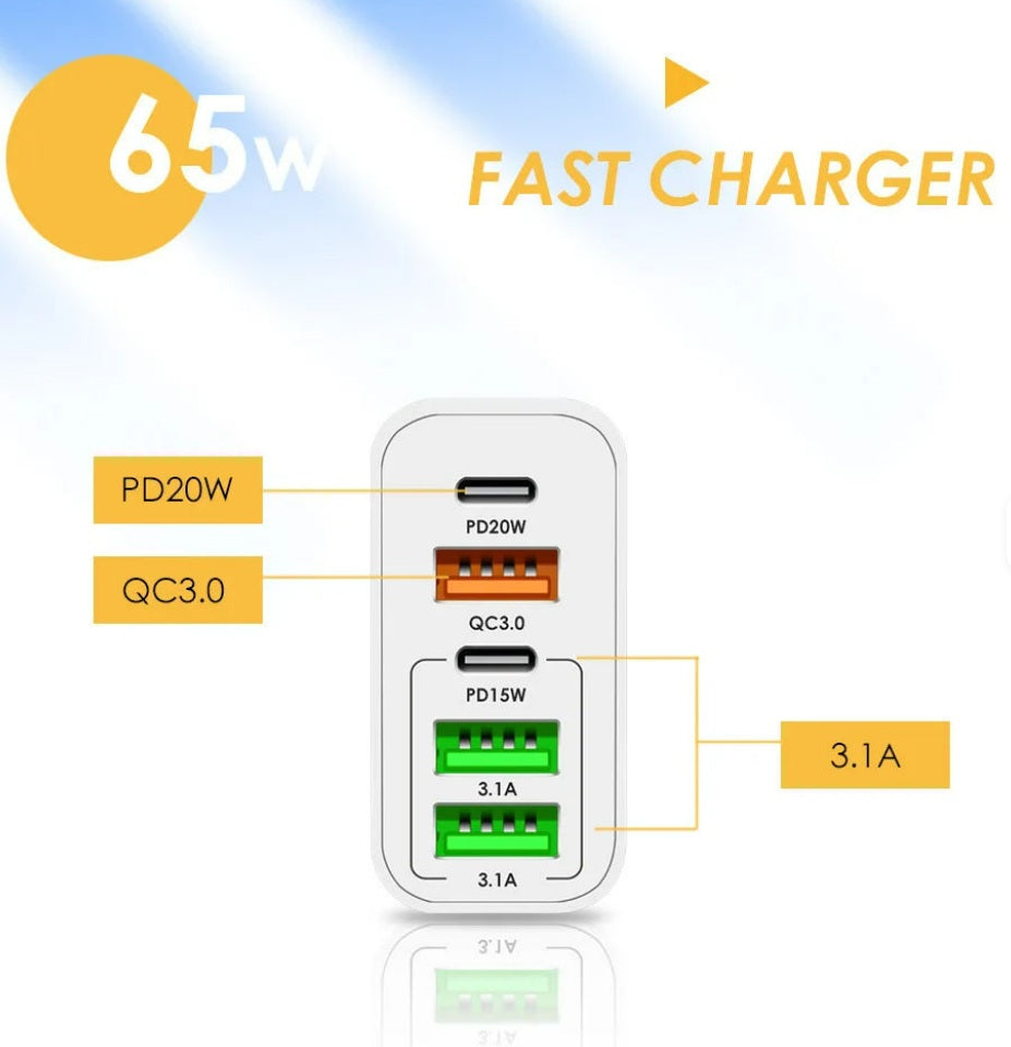 65W GaN Fast Charger Multi-Port - 2 USB-C (PD20W + PD15W) + 2 USB-A (QC3.0 + 3.1A) - White/Black