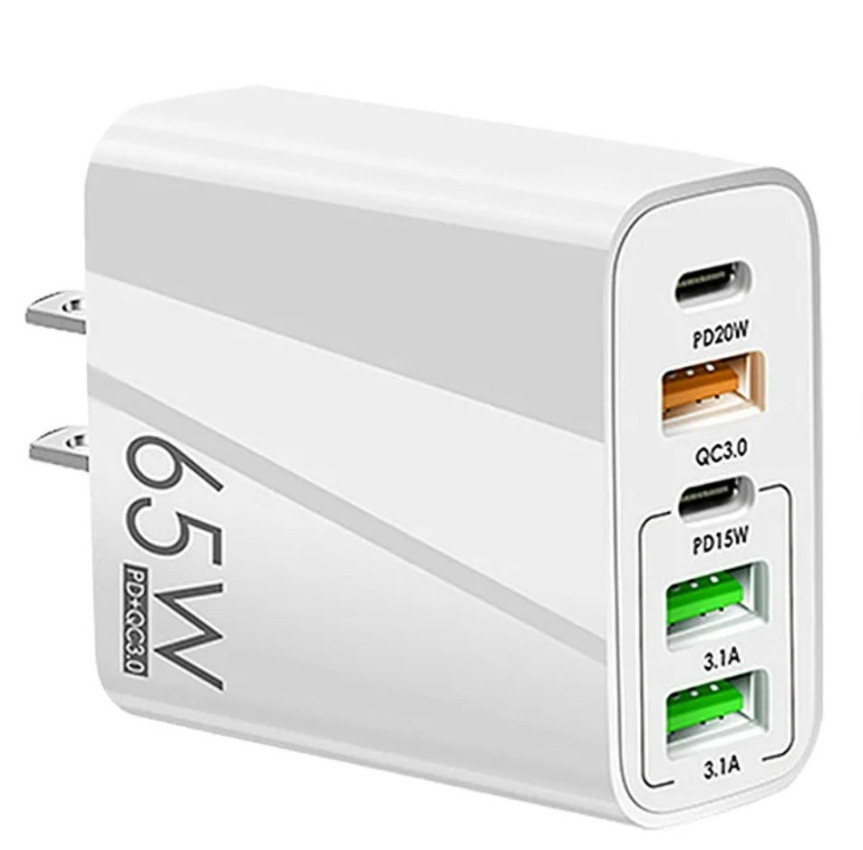 65W GaN Fast Charger Multi-Port - 2 USB-C (PD20W + PD15W) + 2 USB-A (QC3.0 + 3.1A) - White/Black