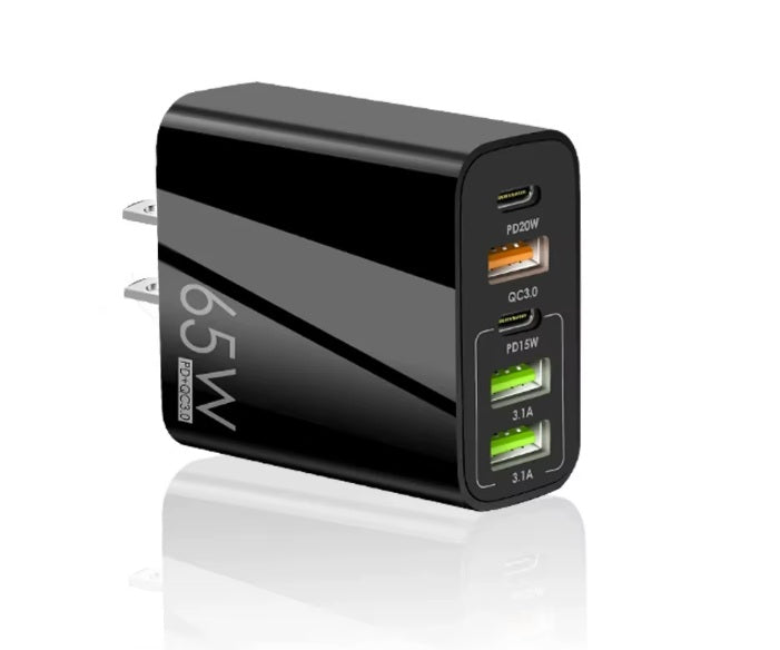 65W GaN Fast Charger Multi-Port - 2 USB-C (PD20W + PD15W) + 2 USB-A (QC3.0 + 3.1A) - White/Black