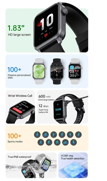 Smartwatch for Men and Women, Bluetooth calling, 1.83-inch HD Display, Heart Rate Monitoring, Voice Assistant, Bluetooth Calling, Factory Ready Smartwatch, AI Voice.